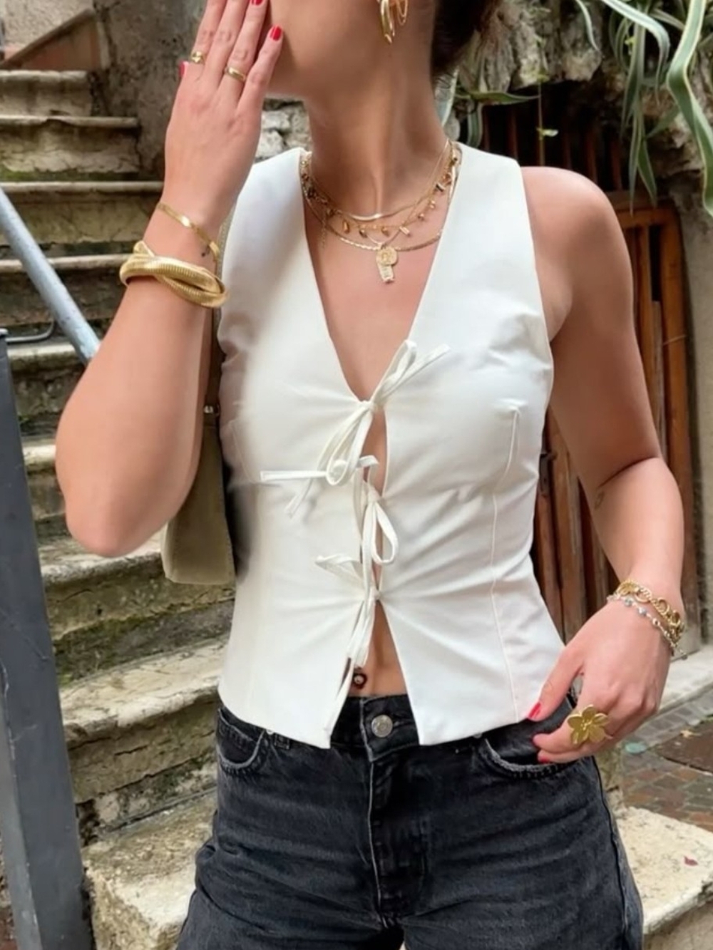 Zara Off White Tie-Front V-Neck Top Xs